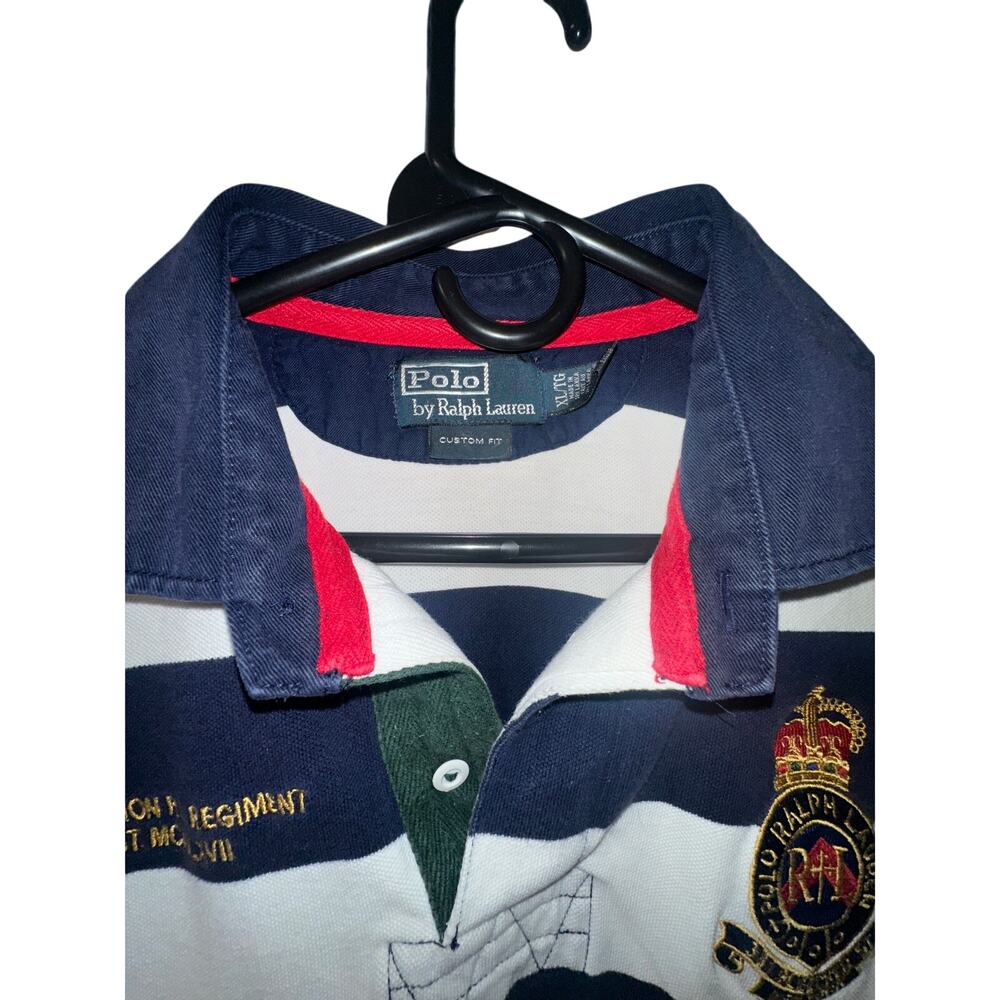 Polo Ralph Lauren Rugby Shirt Men’s XL Custom Fit Navy White Striped Crest Polo - Picture 3 of 6
